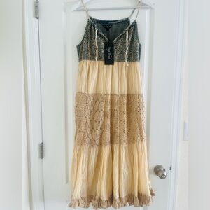 Boho Tiered Maxi Dress with Embroidered Denim Bodice - Cream & Denim